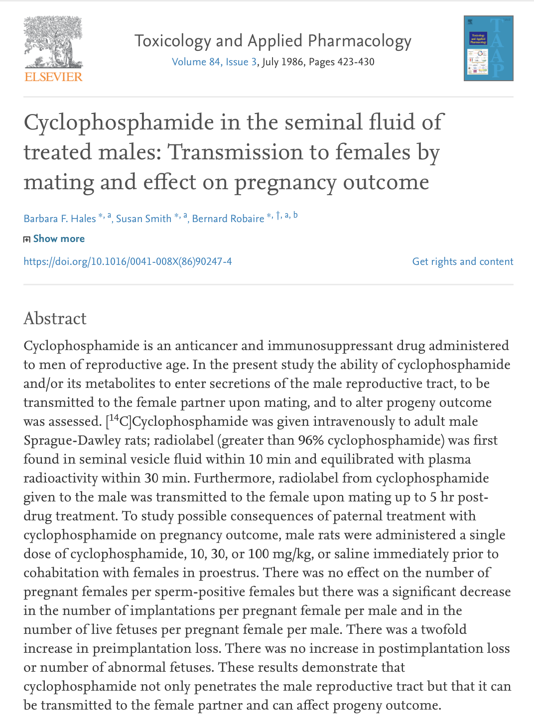 Hales et al. Cyclophosphamide seminal 1986.